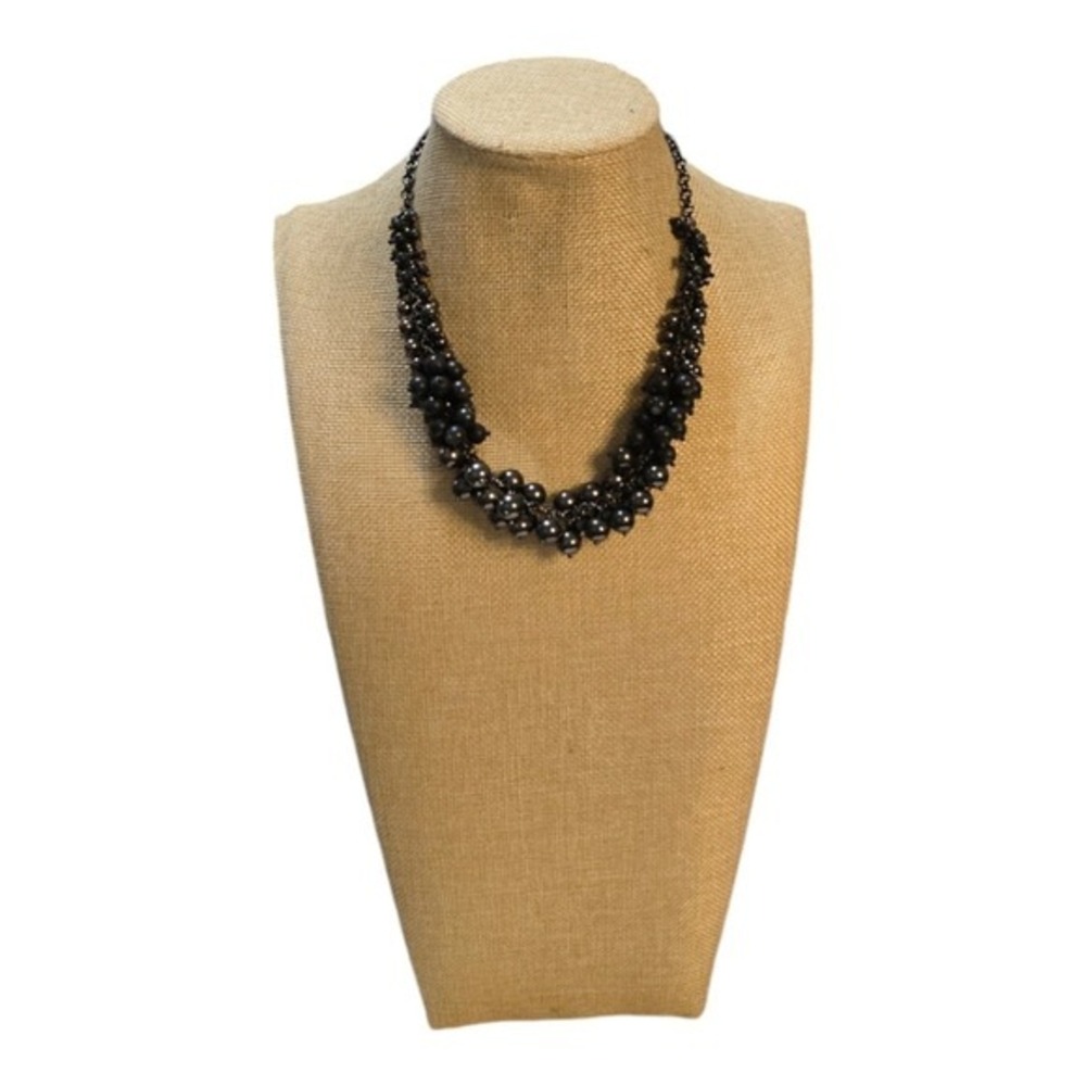 Lia Sophia Black Gunmetal Bead Cluster Statement Bib Necklace Adjustable 20 Inch